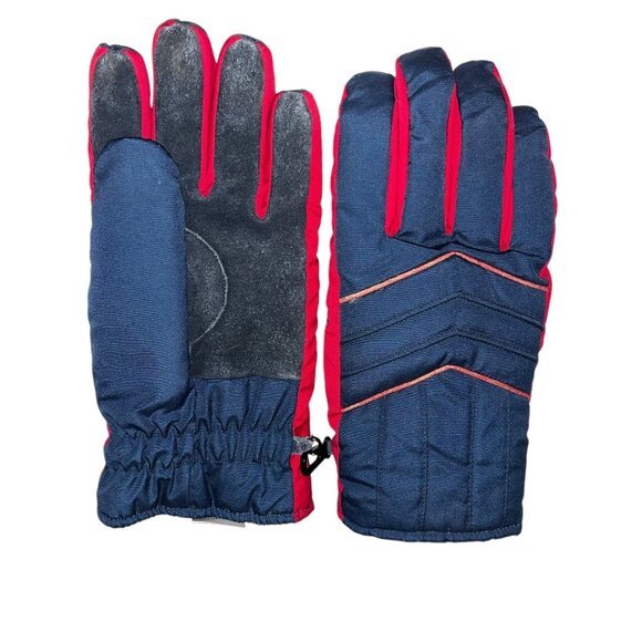Mens Adult XL Insulated Winter Gloves With Leather Grip Palms Blue Red Polyester - Picture 3 of 5